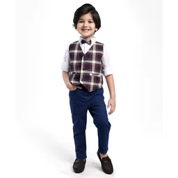 Babyhug Woven Full Sleeves Checkered 3 Piece Party Suit with Bow - Grey & Navy Blue-picture-29