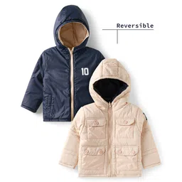 Babyhug Woven Full Sleeves Front Open Padded Hooded Reversible Jacket With Solid Colour - Beige-picture-25