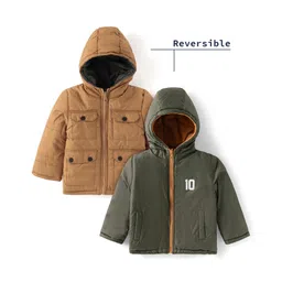 Babyhug Woven Full Sleeves Front Open Padded Hooded Reversible Jacket With Solid Colour - Brown-picture-21