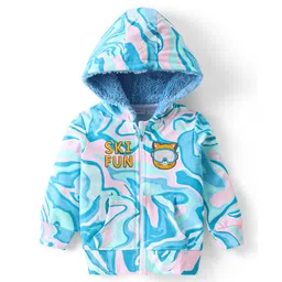 Babyhug Woven Full Sleeves Hooded Jacket With Abstract Design & Kitty Patch Detailing - Blue-picture-39