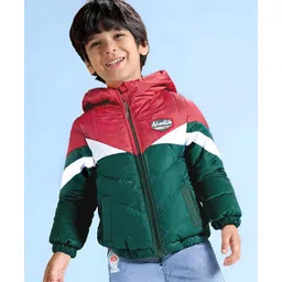 Babyhug Woven Full Sleeves Hooded Padded Jacket With Colour Block Design - Red White & Green-picture-14