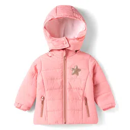 Babyhug Woven Full Sleeves Hooded Padded Jacket With Star Applique & Removable Hood - Pink-picture-13