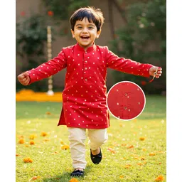 Babyhug Woven Full Sleeves Kurta & Pajama Set With Foil Polka Dot Print - Red & White-picture-24