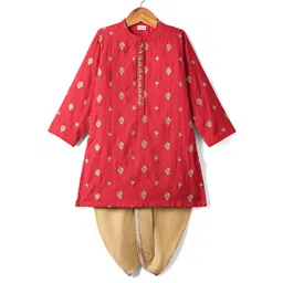 Babyhug Woven Full Sleeves Kurta Dhoti Set with Floral Embroidery - Red-picture-27