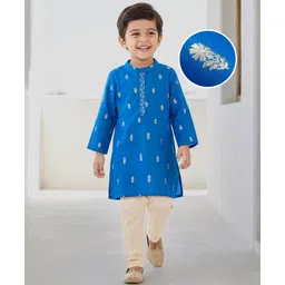 Babyhug Woven Full Sleeves Kurta Pajama Set With Floral Foil Print - Blue-picture-22