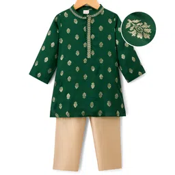 Babyhug Woven Full Sleeves Kurta Pajama Set With Floral Foil Print - Green-picture-19