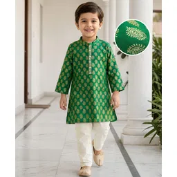 Babyhug Woven Full Sleeves Kurta Pajama Set With Floral Foil Print - Green-picture-21