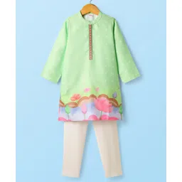 Babyhug Woven Full Sleeves Kurta Pajama Set With Floral Print - Light Green-picture-10