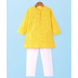 Babyhug Woven Full Sleeves Kurta Pyjama Set with Floral Sequin Embroidery - Yellow-picture-27