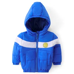 Babyhug Woven Full Sleeves Padded Hooded Jacket With Colour Block Design & Smiley Patch Detailing - Blue-picture-27