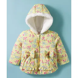 Babyhug Woven Full Sleeves Padded Hooded Jacket with Floral Print Bow Applique & Fur Design - Yellow-picture-13