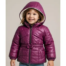 Babyhug Woven Full Sleeves Padded Hooded Jacket with Quilted Design & Floral Applique - Wine-picture-22