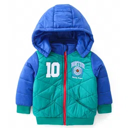 Babyhug Woven Full Sleeves Padded Hooded Jacket with Quilted Design & Placement Embroidery - Green & Blue-picture-26