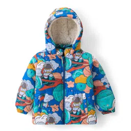 Babyhug Woven Full Sleeves Padded Hooded Jacket With Space Theme Design - Blue-picture-10