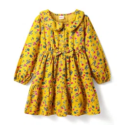 Babyhug Woven Full Sleeves Peter Pan Collard Frock with Floral Print & Bow Applique - Yellow-picture-38