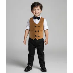 Babyhug Woven Full Sleeves Solid Color 3 Piece Party Suit with Bow - Tan-picture-12