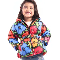 Babyhug Woven Full Sleeves Solid Color Padded Hooded Jacket with Floral Print & Bow Applique - Multicolour-picture-18
