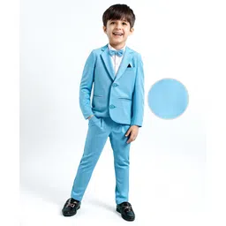 Babyhug Woven Full Sleeves Solid Colour 3 Piece Party Suit With Bow - Blue-picture-21