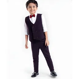 Babyhug Woven Full Sleeves Solid Colour 3 Piece Party Suit With Bow - Wine-picture-36