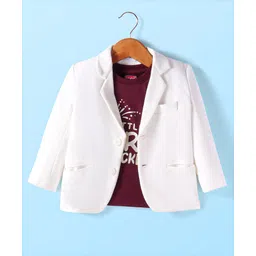 Babyhug Woven Full Sleeves Solid Colour Blazer with Printed T-Shirt - White & Maroon image 2