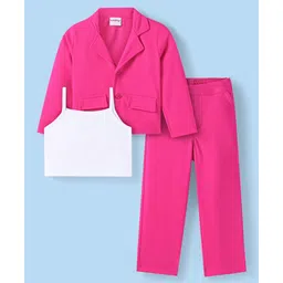 Babyhug Woven Full Sleeves Solid Colour Blazer with Top & Bottom Wear Set - Dark Pink-picture-22