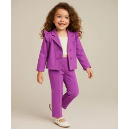 Babyhug Woven Full Sleeves Solid Colour Frill Detailed Blazer with Top & Trouser Set - Purple-picture-24