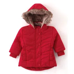 Babyhug Woven Full Sleeves Solid Colour Padded Hooded Winter Jacket with Pockets - Red-picture-21