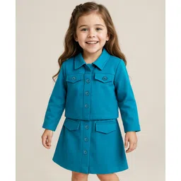 Babyhug Woven Full Sleeves Solid Colour Party Collared Top & Skirt Set with Pockets - Teal Blue-picture-37