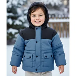 Babyhug Woven Full Sleeves Solid Hooded Padded Jacket - Blue-picture-33