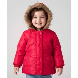 Babyhug Woven Full Sleeves Solid Hooded Padded Jacket - Red-picture-12