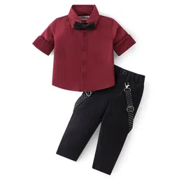 Babyhug Woven Full Sleeves Solid Party Shirt & Trouser Set with Bow & Suspenders - Maroon & Black-picture-16
