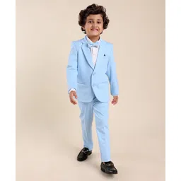 Babyhug Woven Full Sleeves Solid Stretch Fit Party Suit with Bow Tie - Sky Blue-picture-13