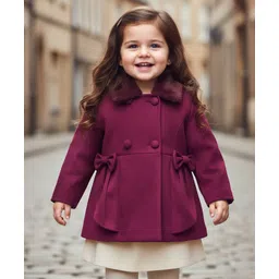 Babyhug Woven Full Sleeves Solid Trench Coat With Bow Applique & Fur Collar - Wine-picture-26
