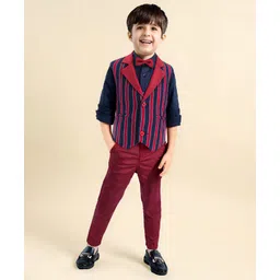Babyhug Woven Full Sleeves Striped 3 Piece Party Suit With Bow - Red & Navy Blue-picture-24