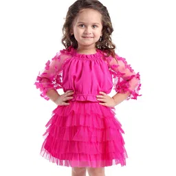Babyhug Woven Full Sleeves Top & Layered Skirt Set with Butterfly Applique - Fuschia-picture-19