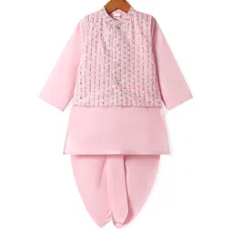 Babyhug Woven Full SleevesSolid Dhoti Kurta Set with Sequin Embroidered Jacket - Pink-picture-12