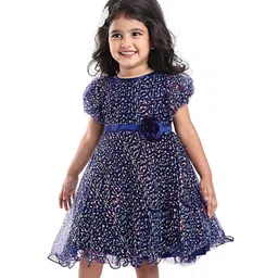 Babyhug Woven Half Balloon Sleeves Fit & Flared Sequined Frock with Floral Applique - Navy Blue-picture-14