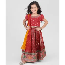 Babyhug Woven Half Puff Sleeves Zari & Sequin Embroidered Choli Lehenga & Dupatta Set With Tassel Detailing - Red-picture-19