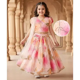 Babyhug Woven Half Puffed Sleeves Choli Lehenga Set with Dupatta & Floral Foil Print - Multicolor-picture-26