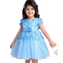 Babyhug Woven Half Puffed Sleeves Fit & Flared Sequined Party Frock with Floral Applique - Blue-picture-16