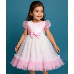 Babyhug Woven Half Puffed Sleeves Mesh Party Dress with Bow Applique - White & Pink-picture-28