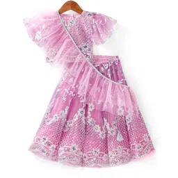 Babyhug Woven Half Sleeve Floral Sequinned & Embroidered Choli With Lehenga and Frill Net Dupatta - Lavender-picture-38