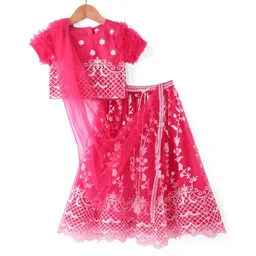 Babyhug Woven Half Sleeves Choli & Lehenga Set with Dupatta Floral Embroidery Sequin & Frill Detailing - Fuschia-picture-26