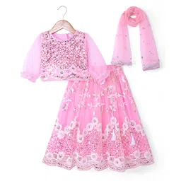 Babyhug Woven Half Sleeves Choli Lehenga & Dupatta Set With Sequin Embroidery - Pink-picture-37