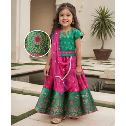 Babyhug Woven Half Sleeves Choli Lehenga Set & Sequinned Dupatta With Floral Embroidery & Lace Detailing - Green-picture-32