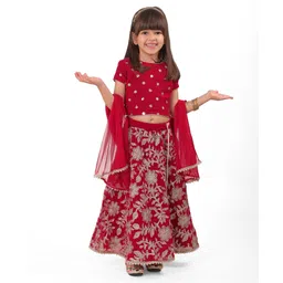 Babyhug Woven Half Sleeves Floral & Sequined Embroidered Choli Lehenga Set with Dupatta - Fuschia-picture-12