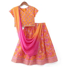 Babyhug Woven Half Sleeves Floral Print Choli Lehenga & Dupatta Set With Sequin Embroidery & Lace Detailing - Orange-picture-36