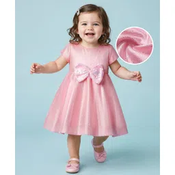 Babyhug Woven Half Sleeves Foil Printed Partywear Dress With Sequinned Bow Applique - Pink-picture-33