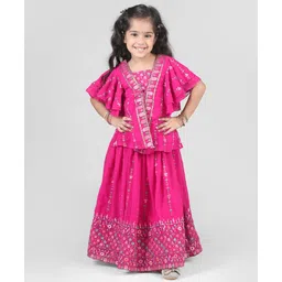 Babyhug Woven Half Sleeves Georgett Embroidered Choli Lehenga With Shrug Set - Fuschia-picture-10