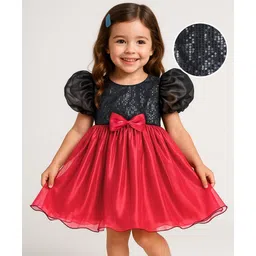 Babyhug Woven Half Sleeves Party Dress With Sequinned Yoke & Bow Applique - Black-picture-17